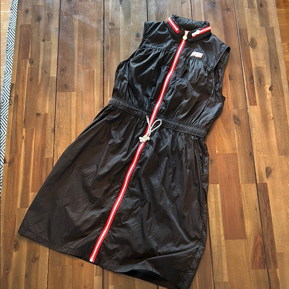 Black Sleeveless Hunter Brand Dress with Red Accents & Optional Hood.